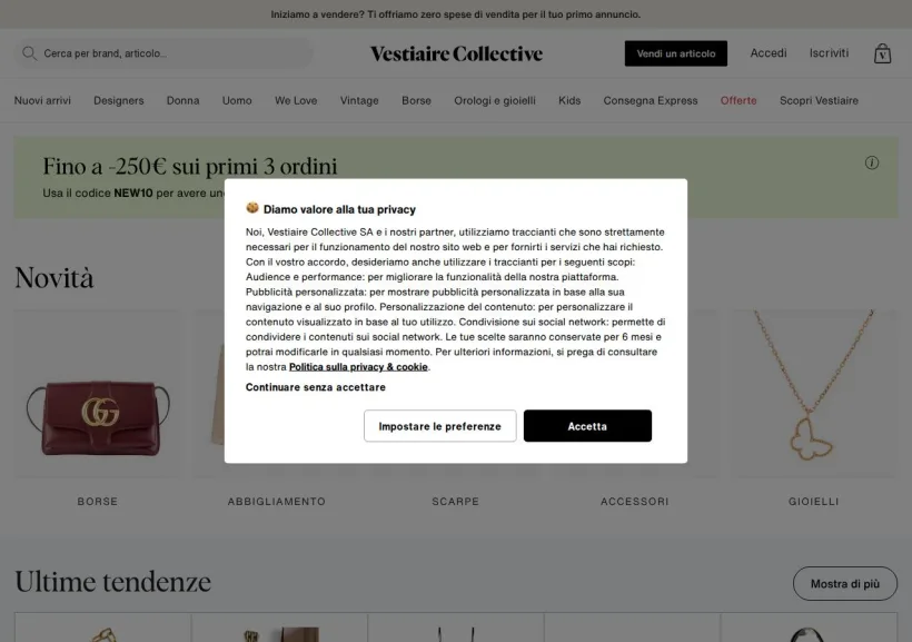 Schermata della pagina offerta di Vestiaire Collective