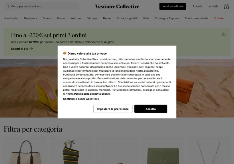 Schermata della pagina offerta di Vestiaire Collective