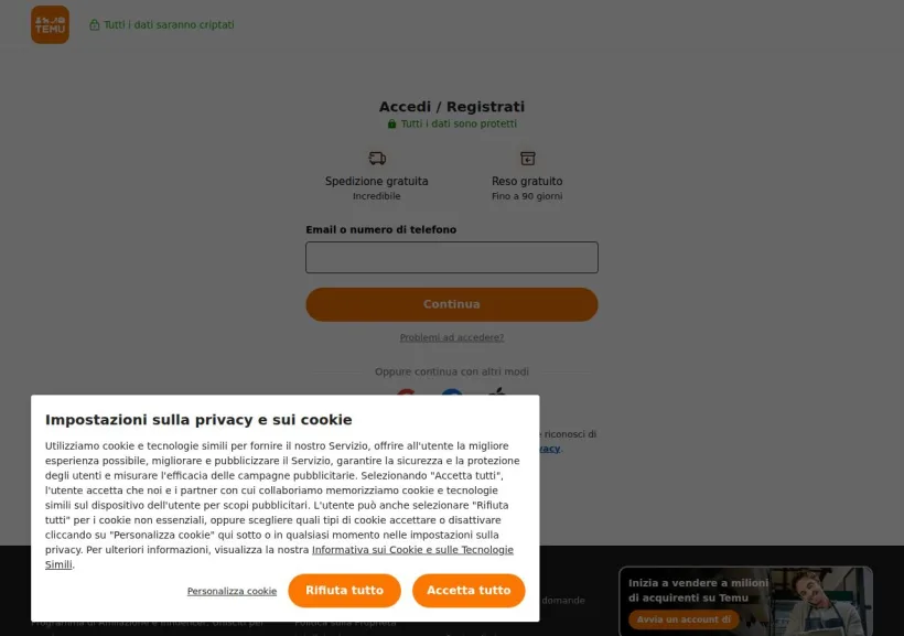 Schermata della pagina offerta di Temu