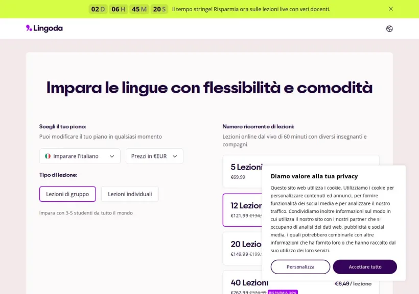 Schermata della pagina offerta di Lingoda