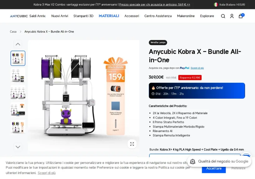 Schermata della pagina offerta di Anycubic