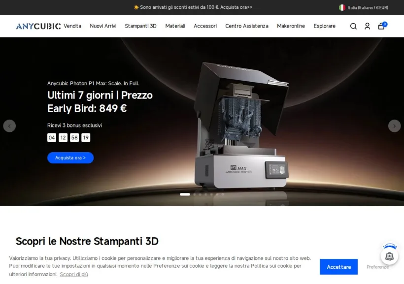 Schermata della pagina offerta di Anycubic