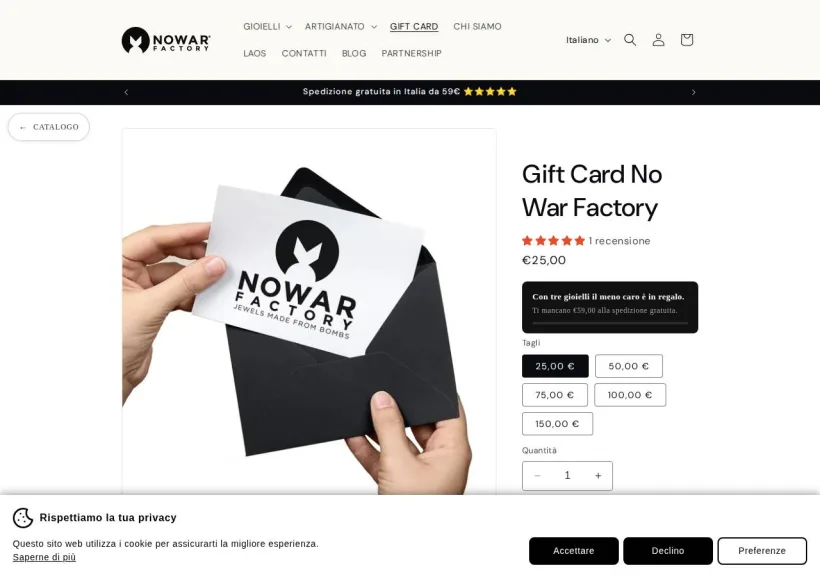 Schermata della pagina offerta di No War Factory