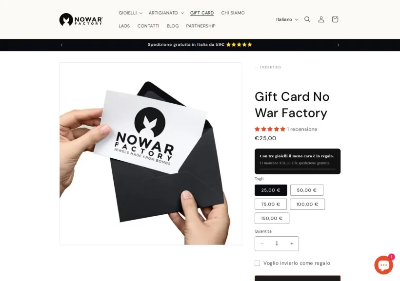 Schermata della pagina offerta di No War Factory