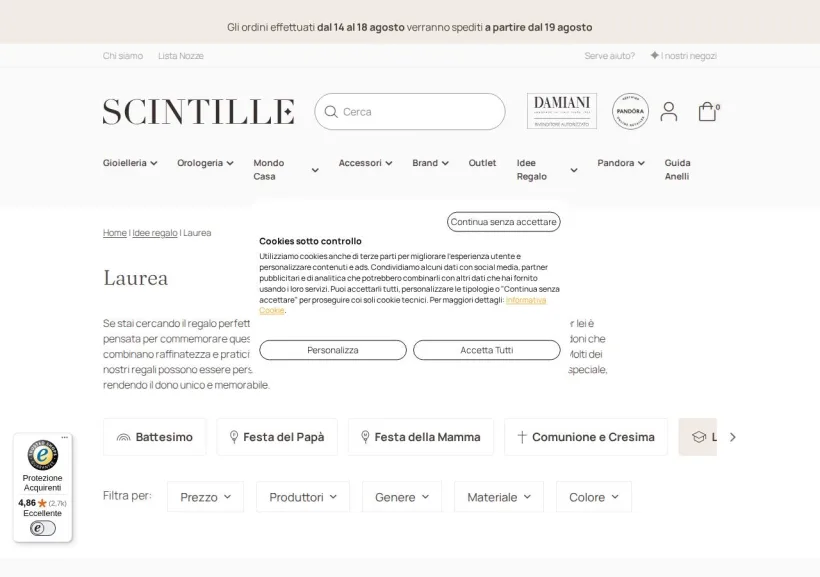 Schermata della pagina offerta di SCINTILLE