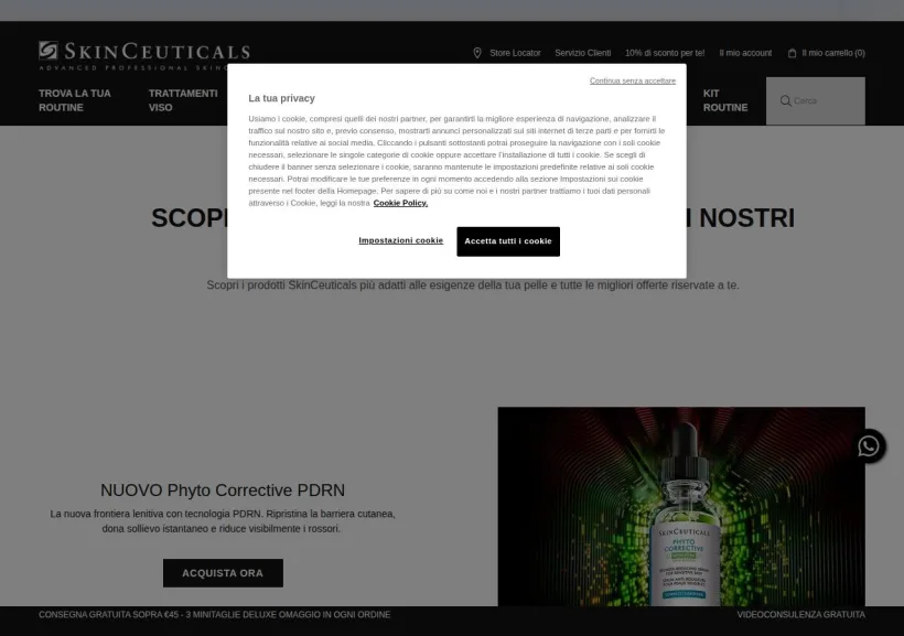 Schermata della pagina offerta di Skinceuticals