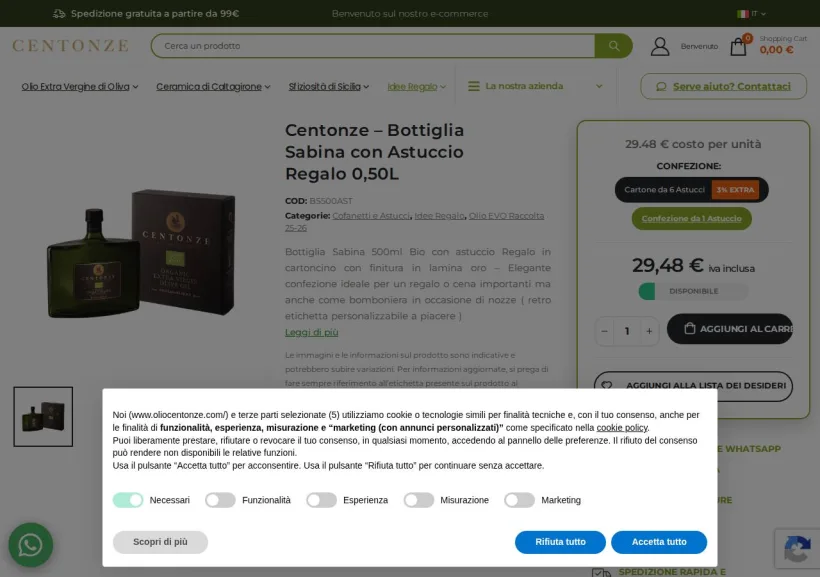 Schermata della pagina offerta di Olio Centonze