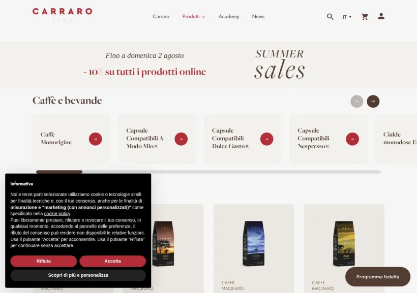 Schermata della pagina offerta di Caffè Carraro