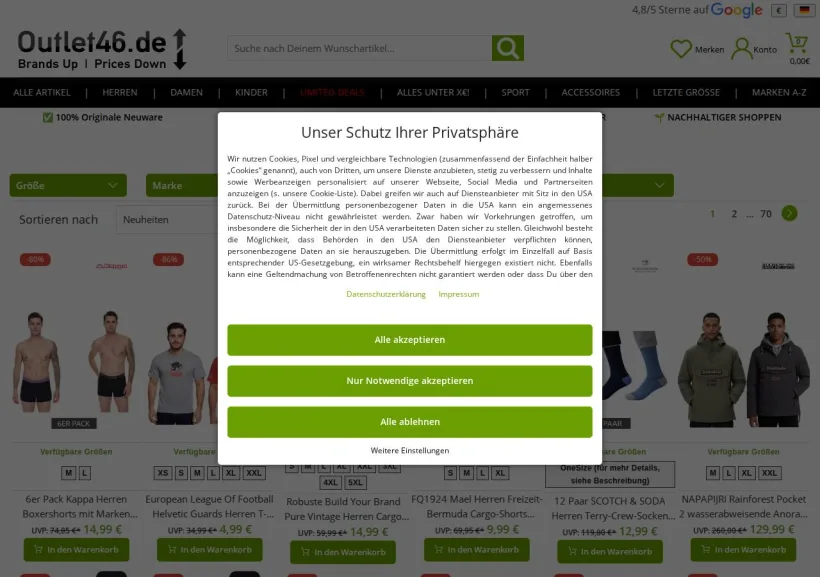 Schermata della pagina offerta di Outlet46