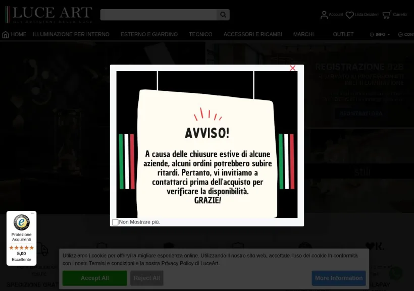 Schermata della pagina offerta di Luce Art