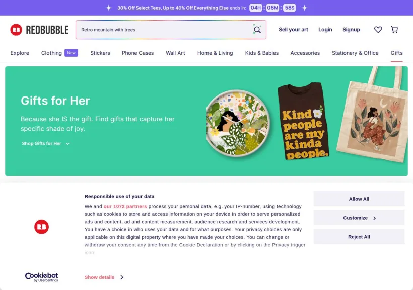 Schermata della pagina offerta di Redbubble