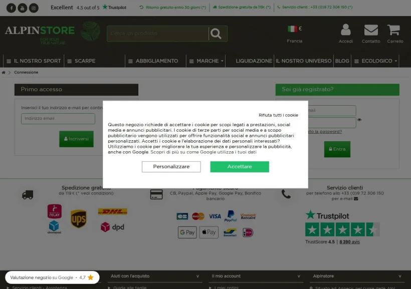 Schermata della pagina offerta di Alpinstore
