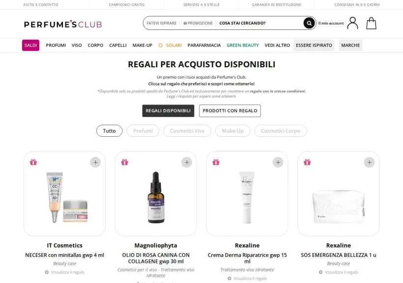 Schermata della pagina offerta di Perfume's Club