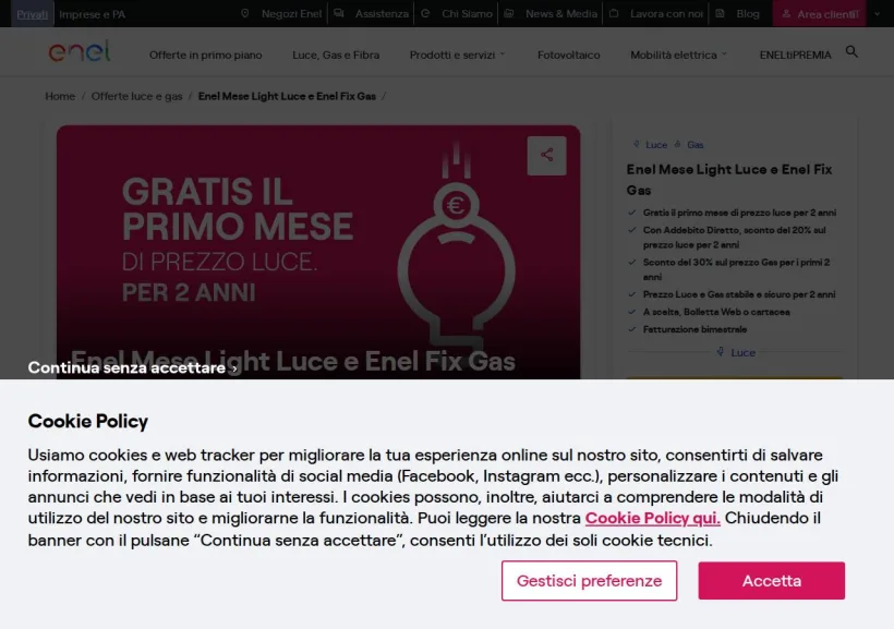 Schermata della pagina offerta di Enel