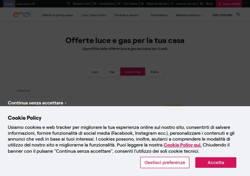 Schermata della pagina offerta di Enel