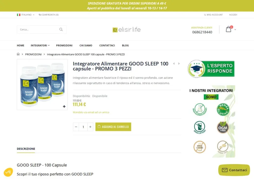 Schermata della pagina offerta di Elisir Life