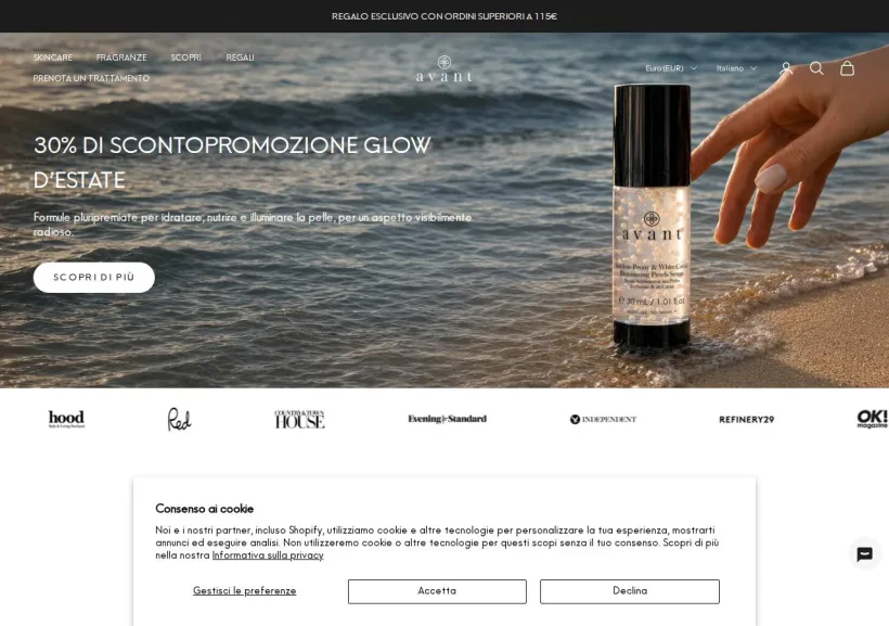 Schermata della pagina offerta di Avant Skincare
