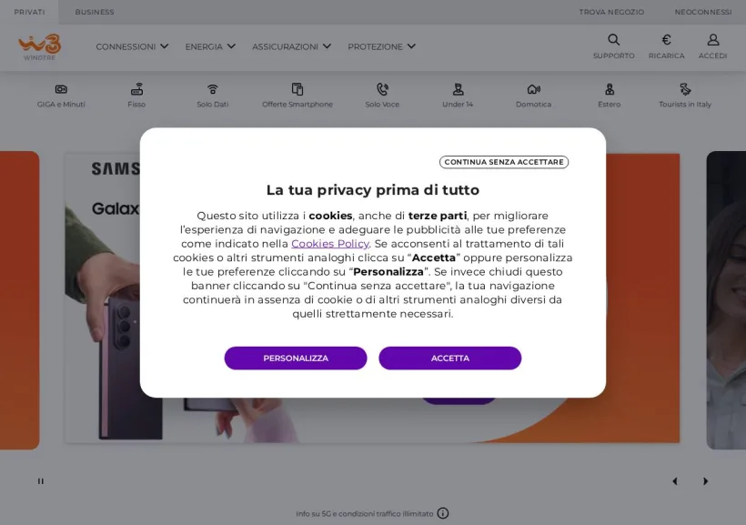 Schermata della pagina offerta di Wind Tre