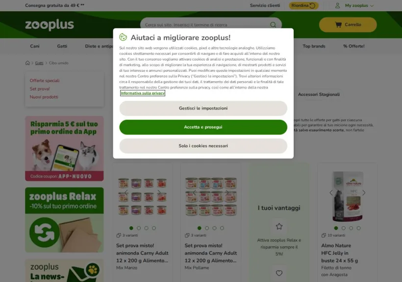 Schermata della pagina offerta di Zooplus