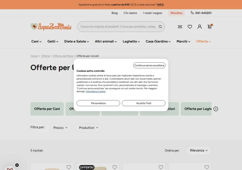 Schermata della pagina offerta di AquaZooMania