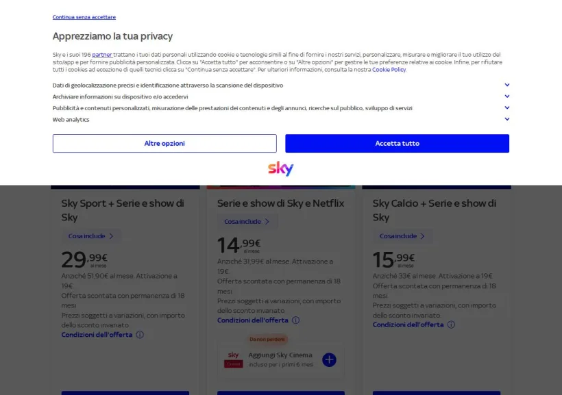 Schermata della pagina offerta di SKY