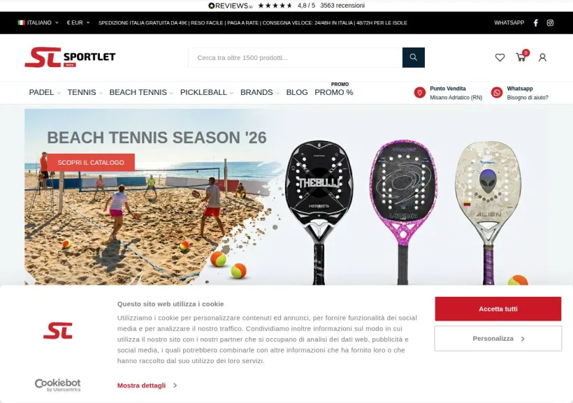 Schermata della pagina offerta di SPORTLET - Sport di racchetta