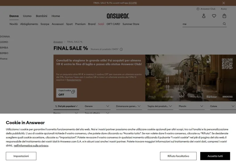 Schermata della pagina offerta di Answear