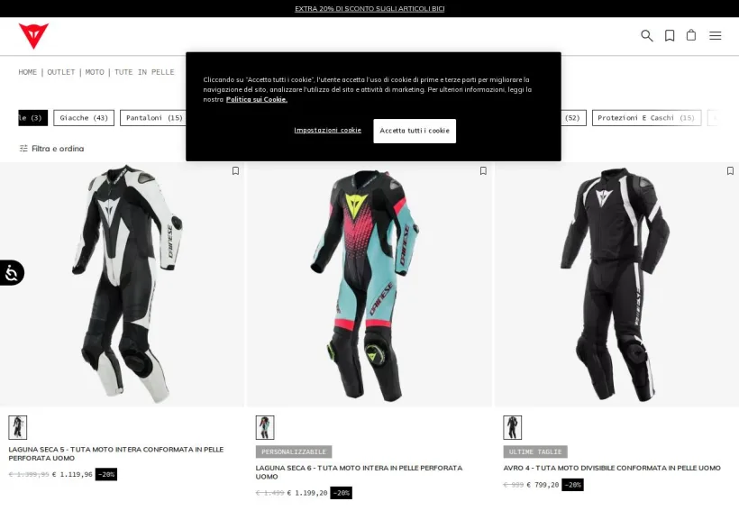 Schermata della pagina offerta di Dainese