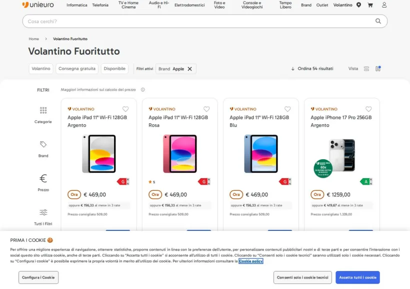 Schermata della pagina offerta di Unieuro