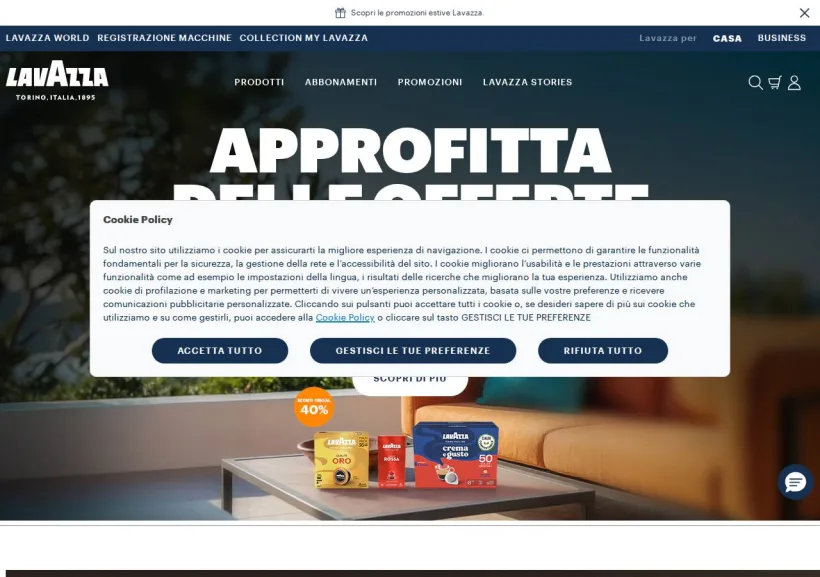 Schermata della pagina offerta di Lavazza