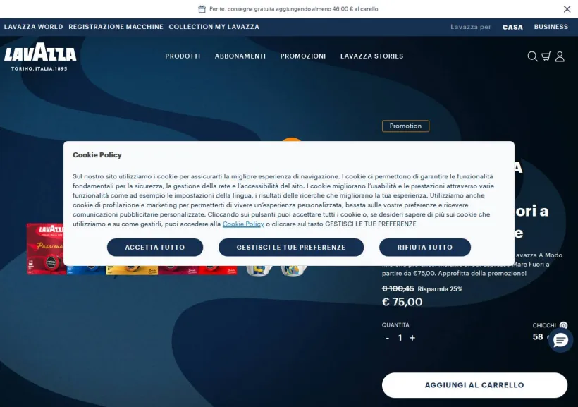 Schermata della pagina offerta di Lavazza