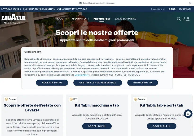 Schermata della pagina offerta di Lavazza