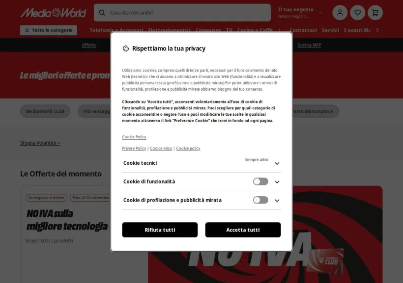 Schermata della pagina offerta di Mediaworld