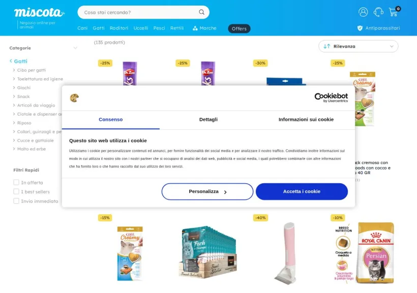 Schermata della pagina offerta di Miscota