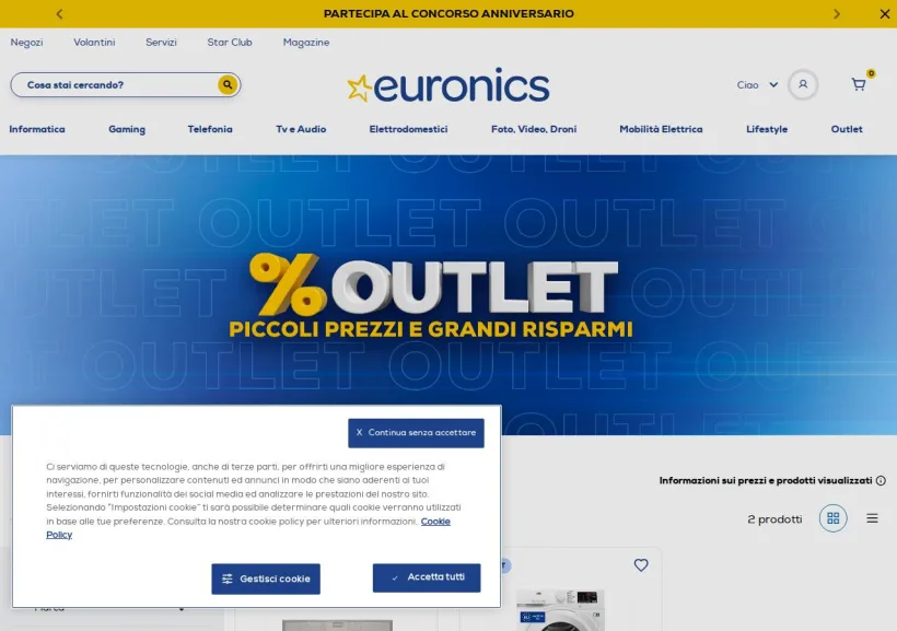Schermata della pagina offerta di Euronics