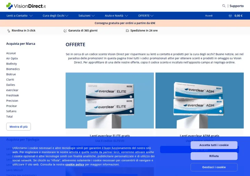 Schermata della pagina offerta di Vision Direct