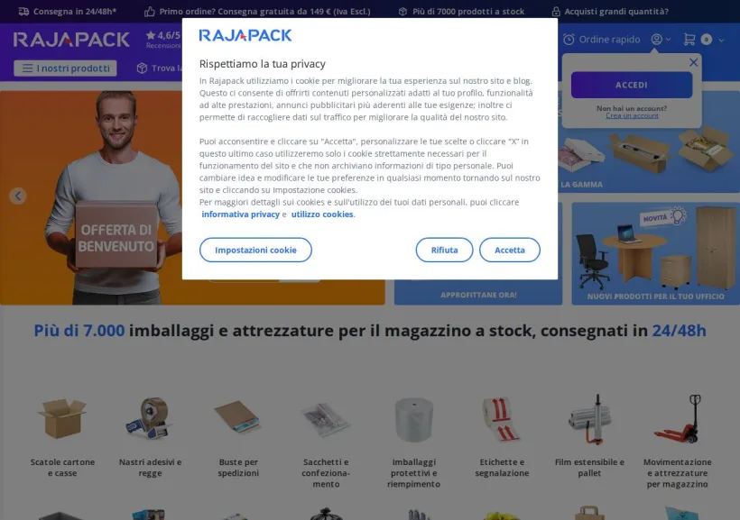 Schermata della pagina offerta di Rajapack