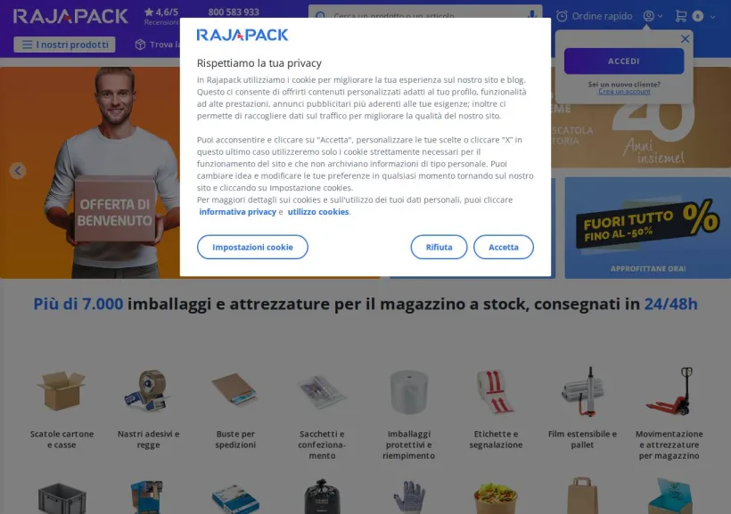 Schermata della pagina offerta di Rajapack