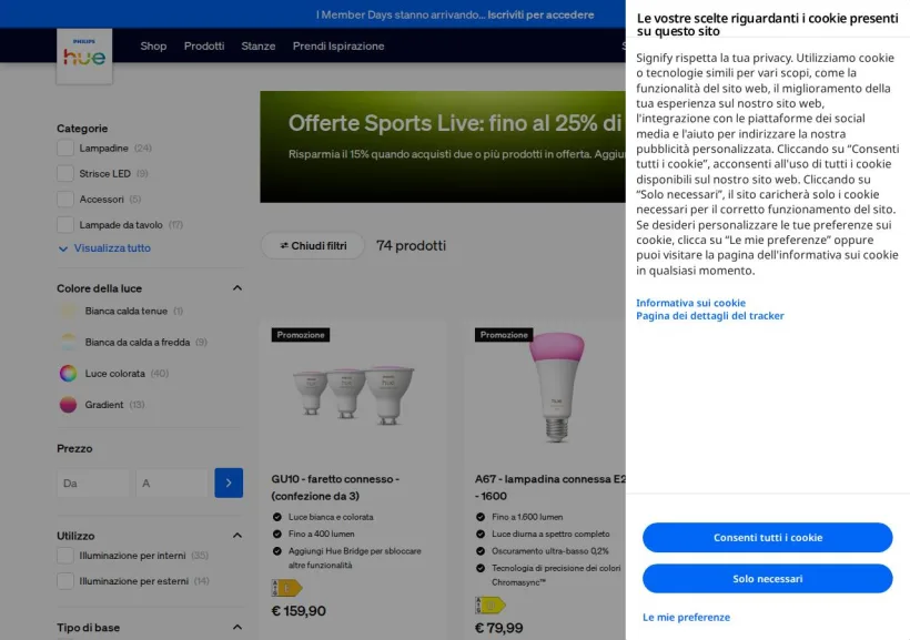 Schermata della pagina offerta di Philips Hue