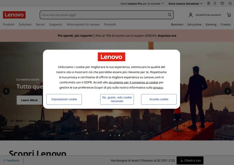 Schermata della pagina offerta di Lenovo