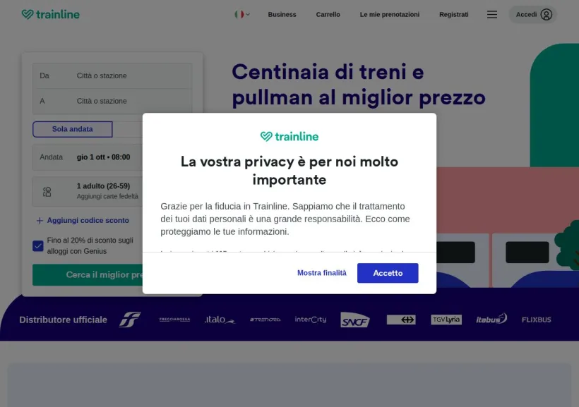 Schermata della pagina offerta di Trainline