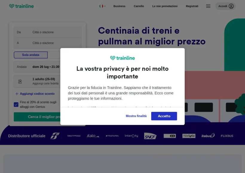 Schermata della pagina offerta di Trainline