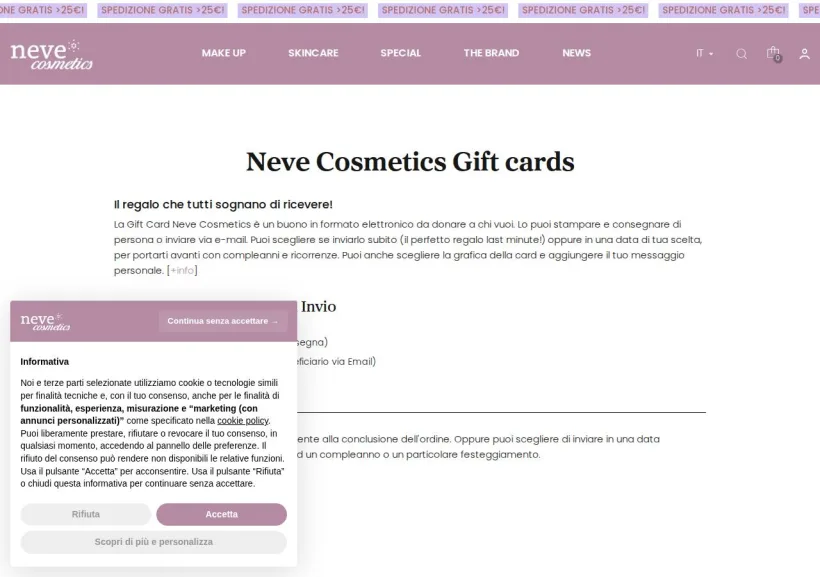Schermata della pagina offerta di Neve Cosmetics
