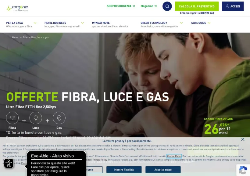 Schermata della pagina offerta di Sorgenia