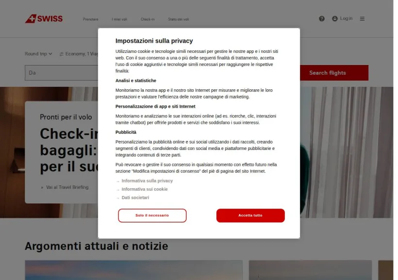 Schermata della pagina offerta di Swiss Air