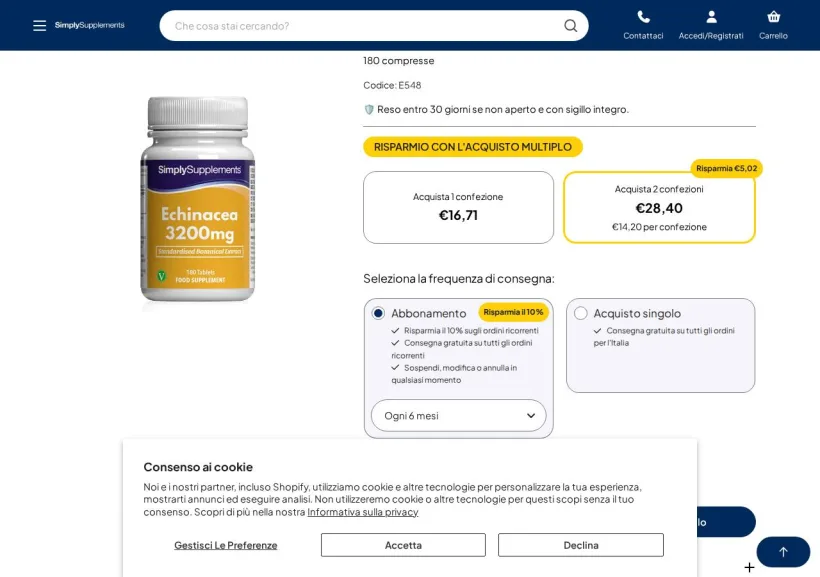 Schermata della pagina offerta di Simply Supplements