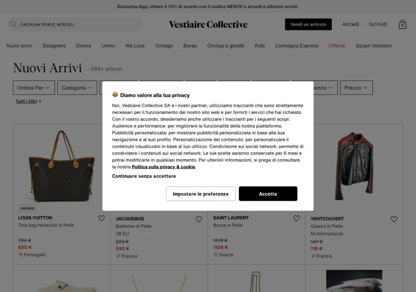 Schermata della pagina offerta di Vestiaire Collective