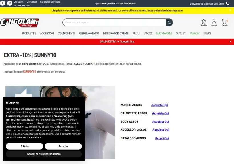 Schermata della pagina offerta di Cingolani Bike Shop