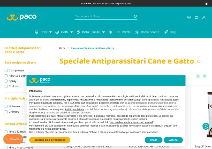 Schermata della pagina offerta di Paco Pet Shop