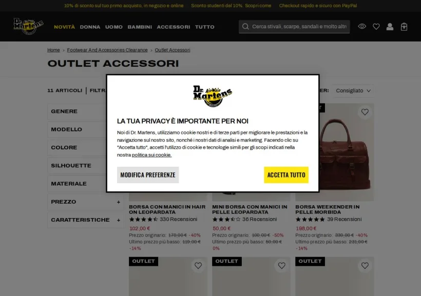 Schermata della pagina offerta di Dr Martens